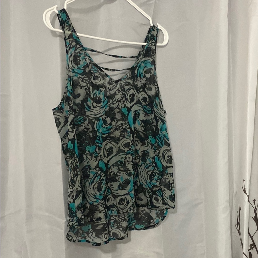 Nollie Turquoise and Charcoal Patterned semi sheer tank top. Size S